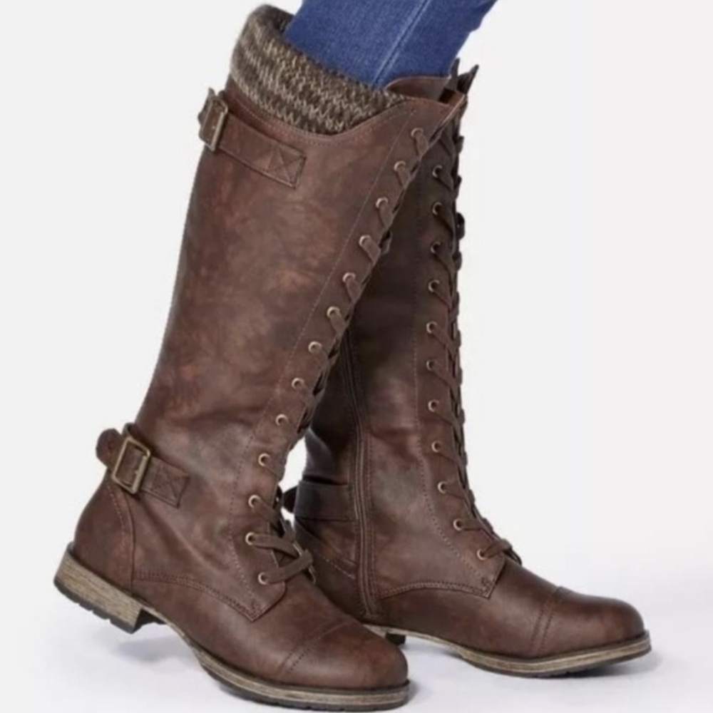 JustFab Brown Lace-Up Boots with Buckle Detail
